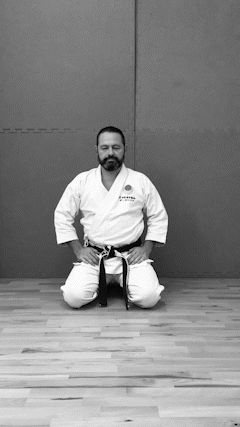 Karateka mach Fußtritt nach vorne (japanisch mae geri)